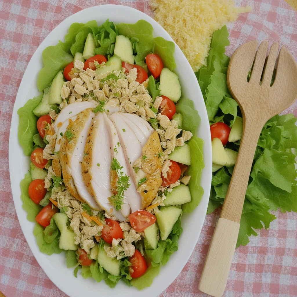 Plato de ensalada de gallina venezolana servida fría, con trozos de papa, zanahoria, pollo desmenuzado, guisantes y aderezo cremoso de mayonesa, decorado con alcaparras y aceitunas verdes.