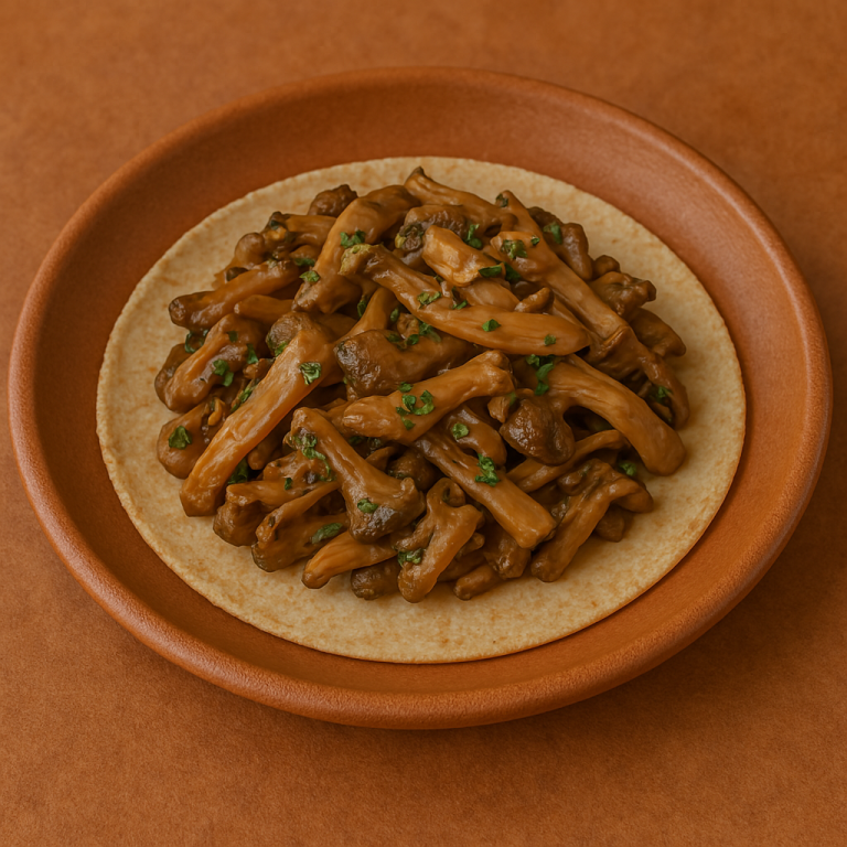 "Taco de setas al ajillo salteadas con ajo y aceite de oliva, servido en tortilla de maíz y decorado con cilantro fresco."