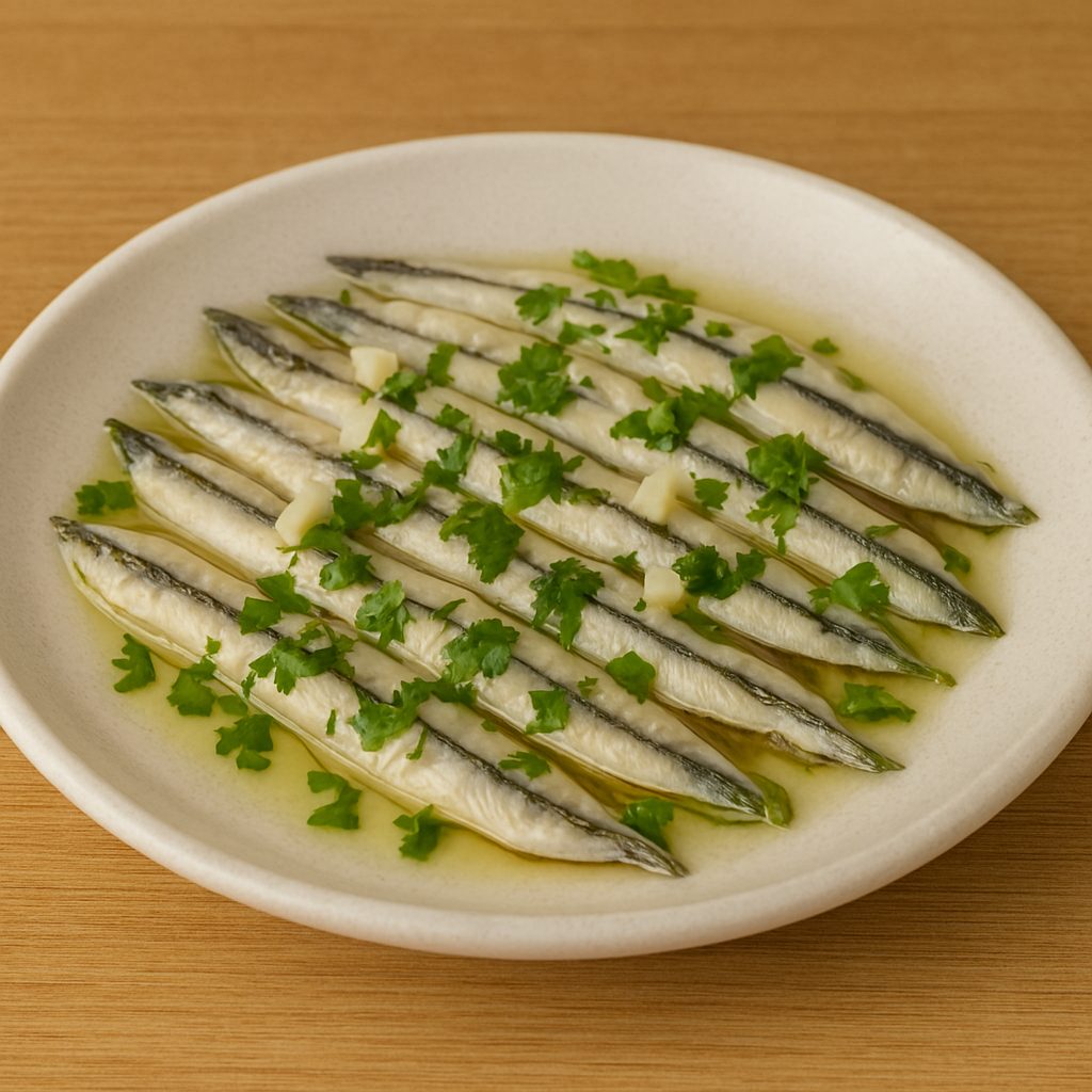 Boquerones marinados en vinagre servidos en un plato, acompañados de ajo picado, perejil fresco y un chorrito de aceite de oliva.