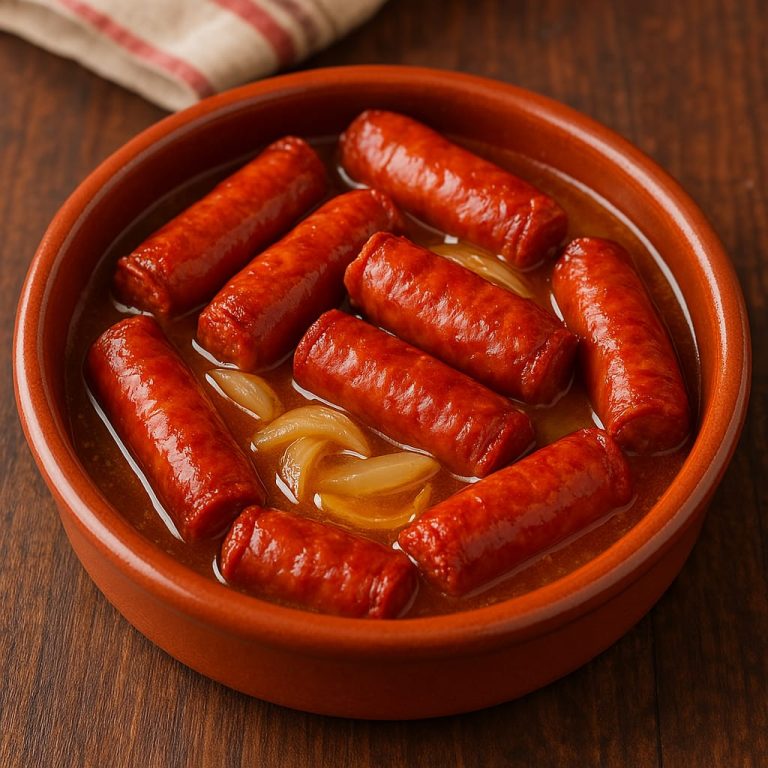 “Cazuela de chistorra cocinada a fuego lento en sidra natural, con salsa dorada y burbujeante, servida caliente junto a rebanadas de pan rústico sobre una mesa de madera”