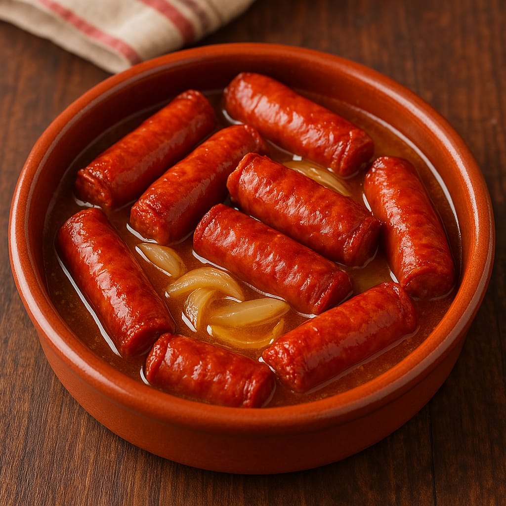 “Cazuela de chistorra cocinada a fuego lento en sidra natural, con salsa dorada y burbujeante, servida caliente junto a rebanadas de pan rústico sobre una mesa de madera”