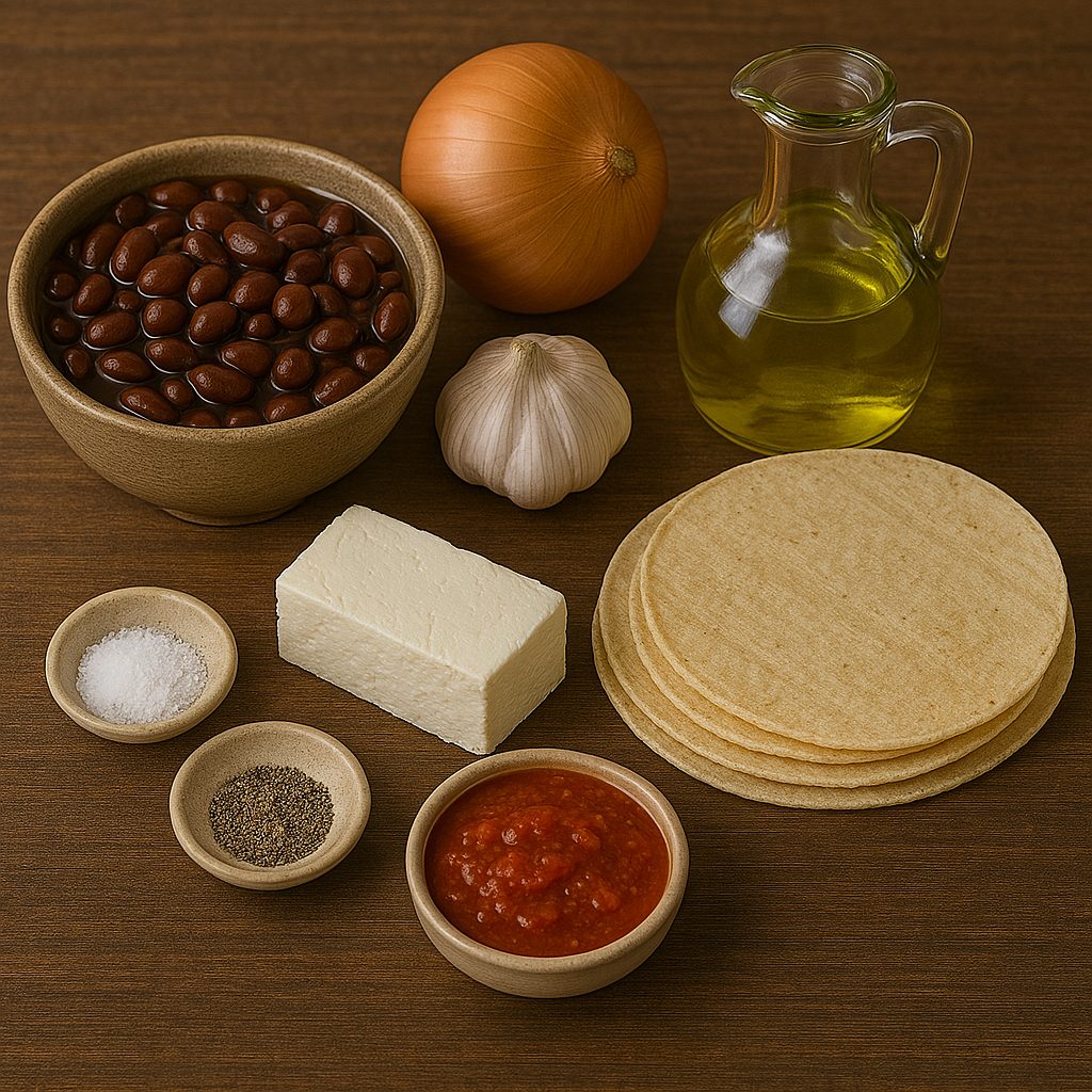 Ingredientes para tacos de frijoles refritos con queso fresco: tortillas de maíz, frijoles refritos, queso fresco desmoronado, cebolla picada y cilantro.