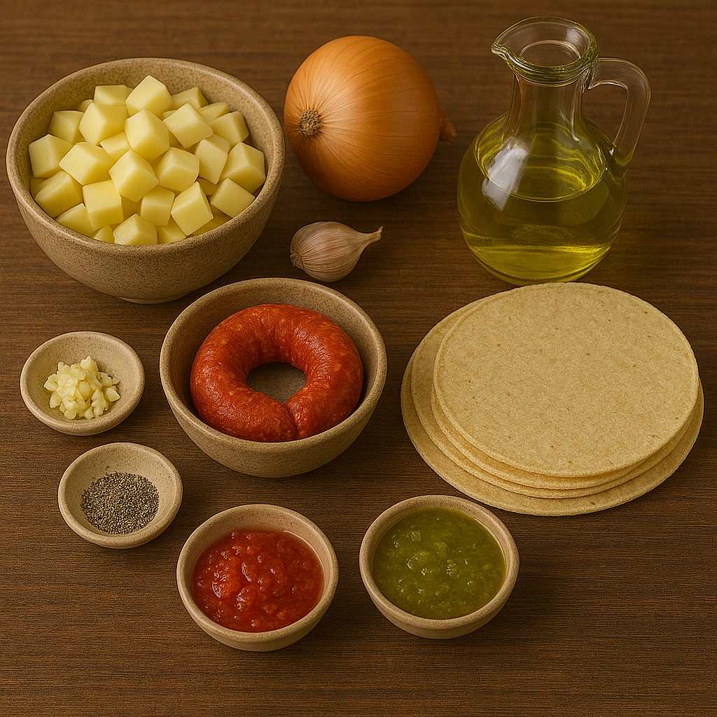 "Ingredientes frescos para preparar tacos de papa con chorizo, incluyendo papas cocidas, chorizo desmenuzado, tortillas de maíz, cebolla y condimentos sobre una mesa de cocina."