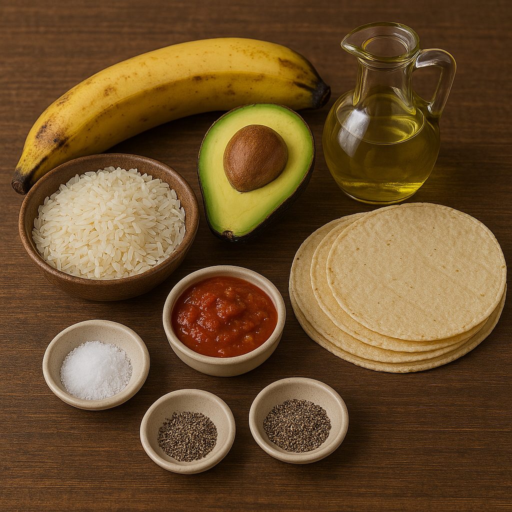 Ingredientes frescos y preparados para hacer tacos de arroz, incluyendo tortillas, arroz cocido, vegetales y guarniciones listos para usar.