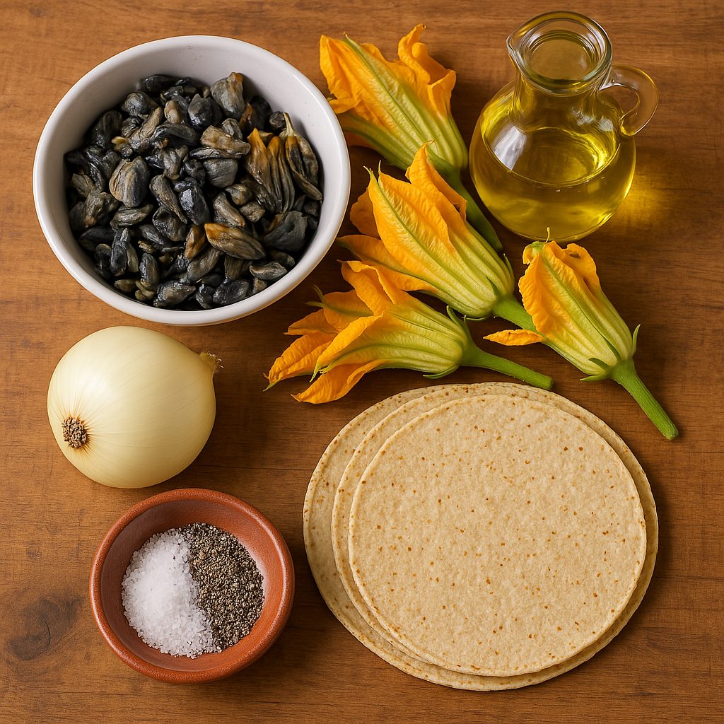 Ingredientes frescos para preparar un taco de huitlacoche: huitlacoche, flores de calabaza, cebolla, ajo, epazote, tortillas de maíz y queso fresco, dispuestos sobre una mesa de cocina.