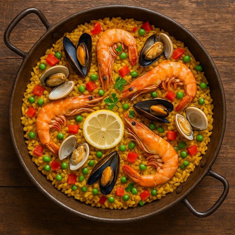 "Paella Valenciana tradicional con arroz, pollo, conejo, judías verdes y garrofó, servida en una paellera sobre una mesa de madera"