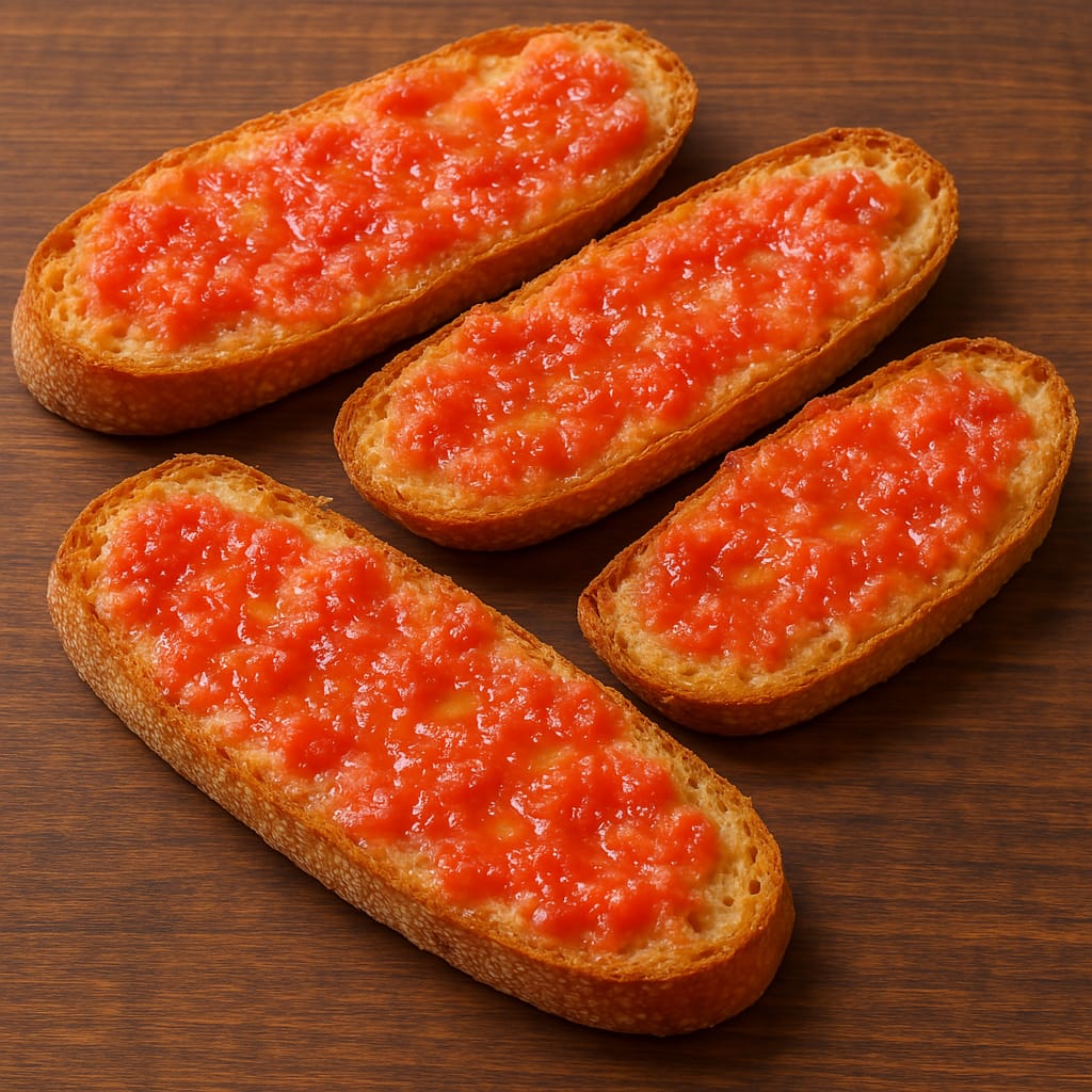 Rebanadas de pan crujiente untadas con tomate maduro, rociadas con aceite de oliva y espolvoreadas con sal.
