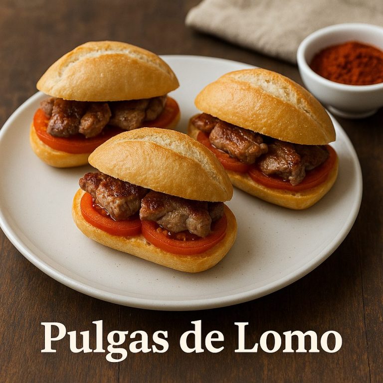 Pulgas de lomo servidas en pan crujiente, rellenas de finas lonchas de lomo adobado y acompañadas de pimientos asados.