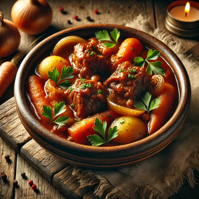 Rabo de toro estofado en salsa de vino tinto, servido en plato de barro.