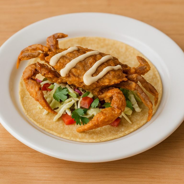 "Taco de jaiba suave empanizada, servido en tortilla de maíz con mayonesa de chipotle, cebolla morada y cilantro fresco."