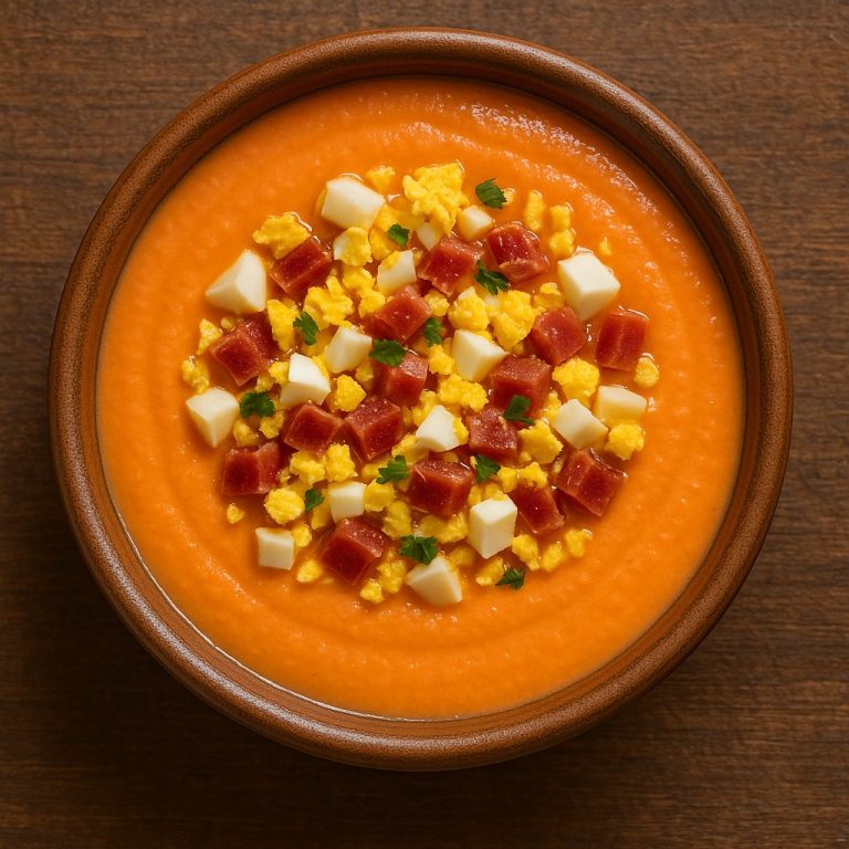 "Plato de salmorejo cordobés servido con huevo duro y jamón serrano picado"