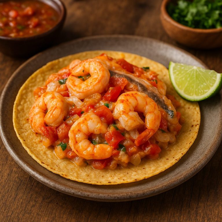 "Taco Gobernador servido en tortilla de maíz, relleno de camarones salteados con cebolla, pimientos y queso derretido, acompañado de salsa y limón sobre un plato tradicional mexicano."