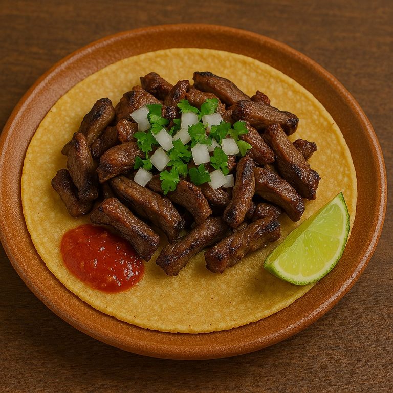 "Taco de Arrachera servido en tortilla de maíz, acompañado de cebolla asada, guacamole y salsa roja"