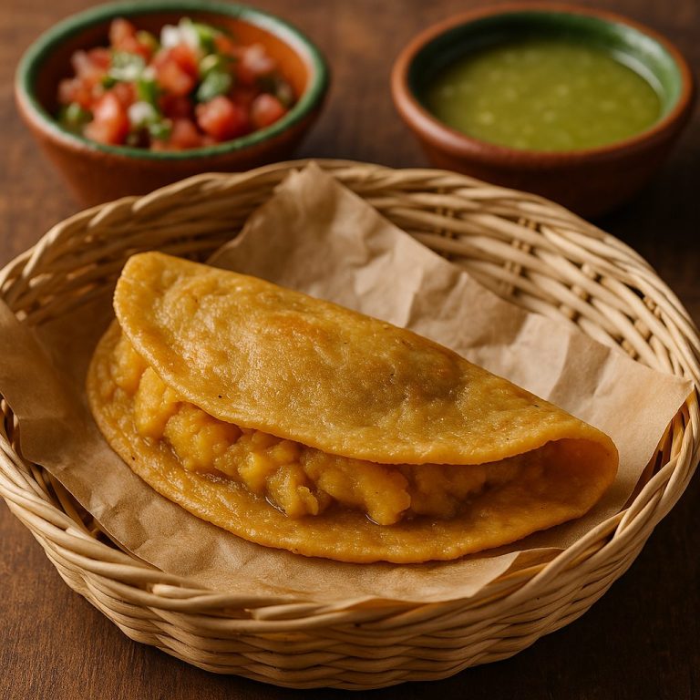 Taco de canasta de tortilla de maíz, relleno de papa, servido en una canasta de mimbre con papel encerado, acompañado de salsa verde y pico de gallo al fondo.