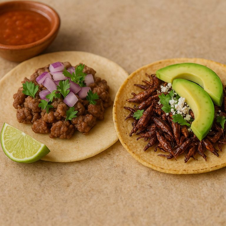 "Taco de chapulines servido en tortilla de maíz, con insectos tostados, guacamole, cebolla y limón, presentado sobre un plato artesanal."