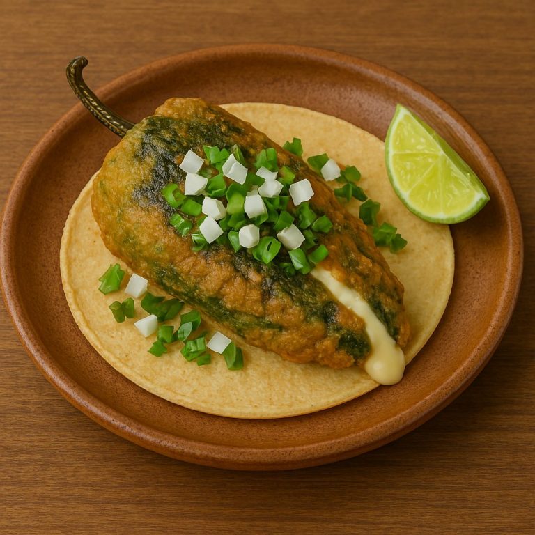 "Taco de chile relleno servido en tortilla de maíz, con chile poblano capeado relleno de queso derretido, decorado con cebolla picada, cilantro fresco y acompañado de una rodaja de limón sobre un plato rústico."