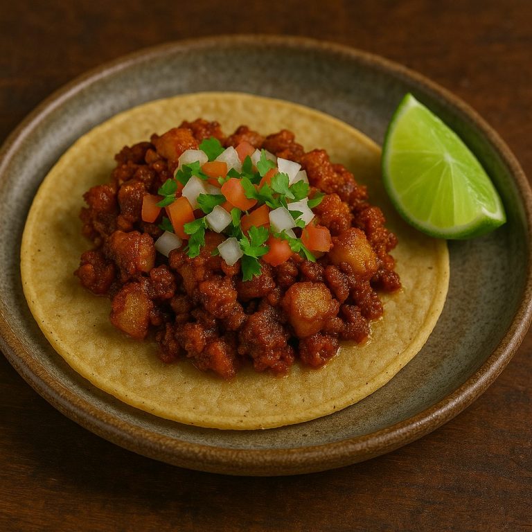 "Taco de chorizo con papa en tortilla de maíz, con carne de chorizo dorada y papas tiernas, acompañado de cebolla, cilantro y una rodaja de limón sobre un plato rústico"