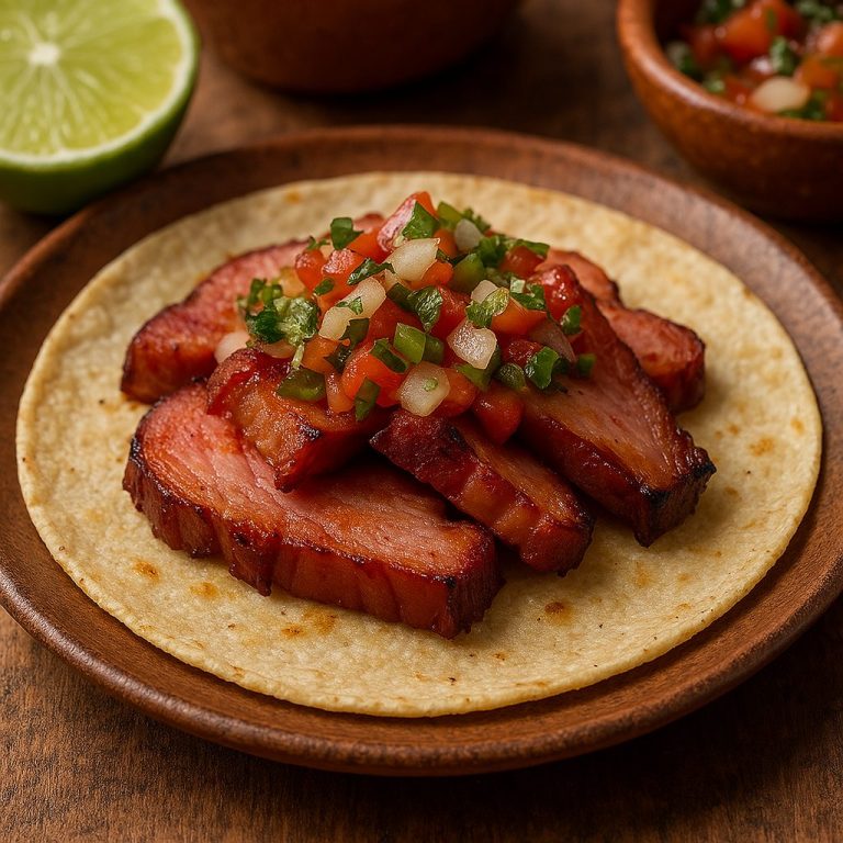 "Taco de chuleta ahumada servido en tortilla de maíz, acompañado de cebolla morada, cilantro fresco y salsa, con limón al lado."