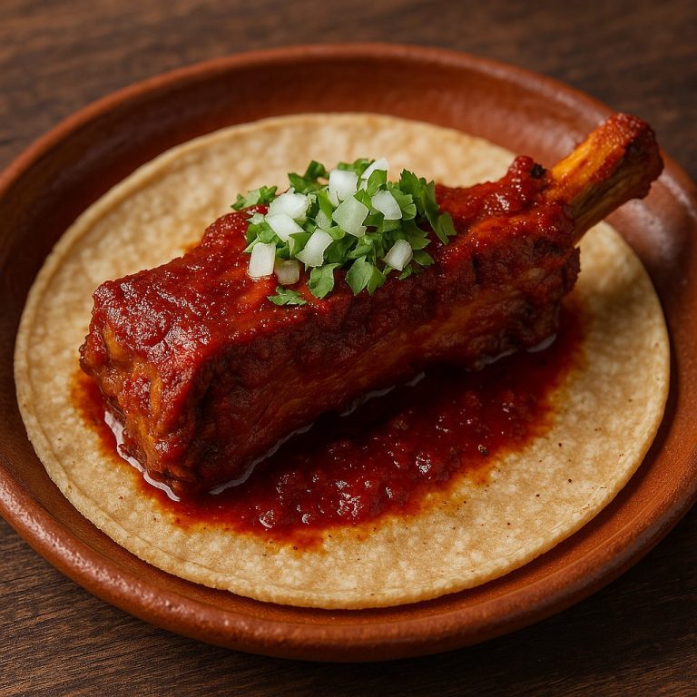 "Taco de costilla de cerdo en adobo servido en tortilla de maíz, con carne jugosa y salsa roja, acompañado de cebolla, cilantro y limón sobre fondo rústico"