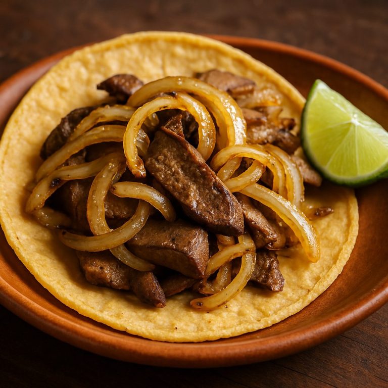 "Taco de hígado de res encebollado servido en tortilla de maíz, con tiras de cebolla caramelizada y cilantro fresco, sobre un plato rústico"