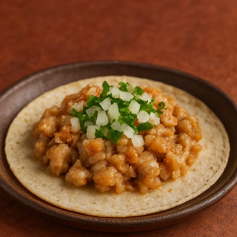 "Taco de manitas de cerdo servido en tortilla de maíz, acompañado de cebolla y cilantro fresco, con salsa roja y verde al fondo"