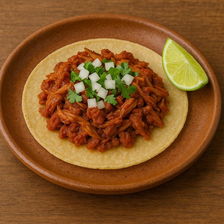 "Taco de mixiote servido en tortilla de maíz, con carne deshebrada cocinada al vapor en adobo rojo, acompañado de cebolla picada, cilantro fresco y una rodaja de limón sobre un plato artesanal."