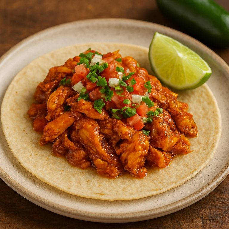 "Taco de mixiote de pollo en tortilla de maíz, relleno con carne marinada al vapor en hojas, acompañado de nopales, cebolla y cilantro fresco"