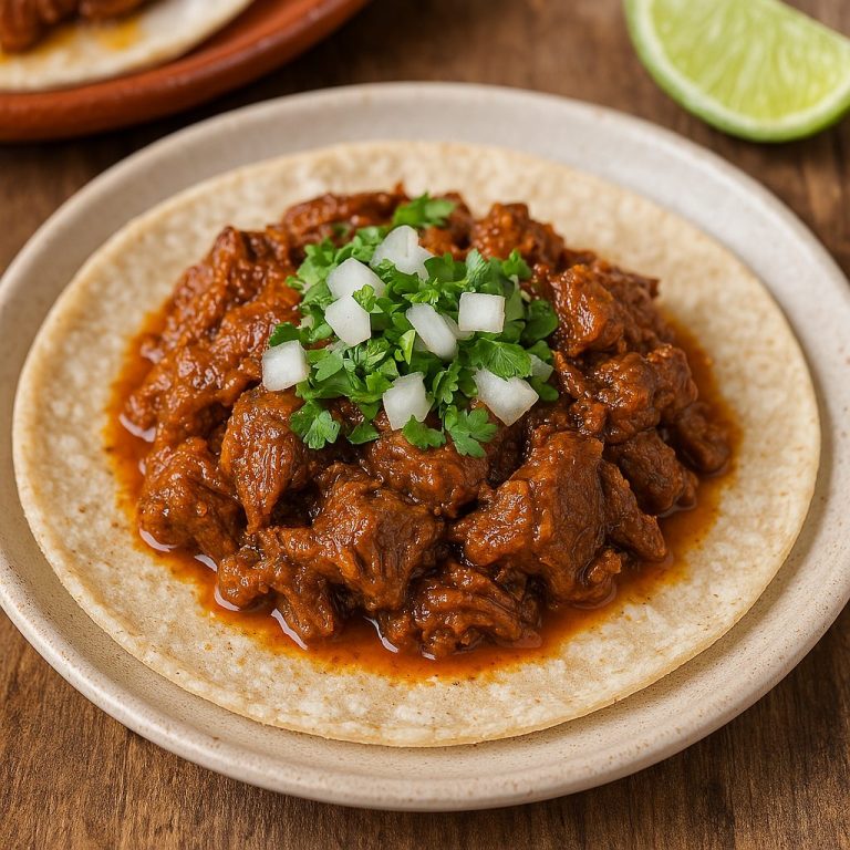 "Taco de mixiote de res con carne marinada en chiles y especias, servido en tortilla de maíz con cebolla y cilantro, sobre fondo de barro o madera rústica"