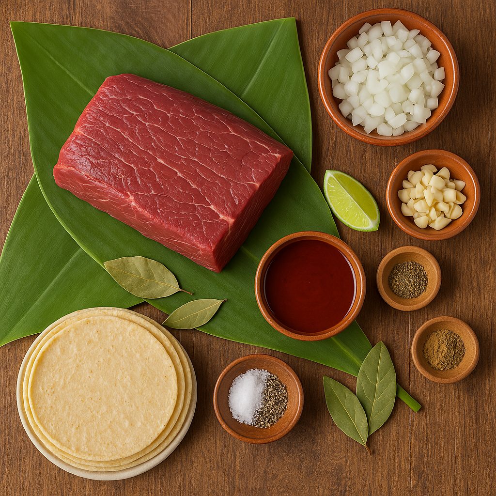 Ingredientes para taco de mixiote de res dispuestos sobre una mesa: carne de res, chiles secos, ajo, cebolla, especias, hojas de mixiote, tortillas de maíz y limón.