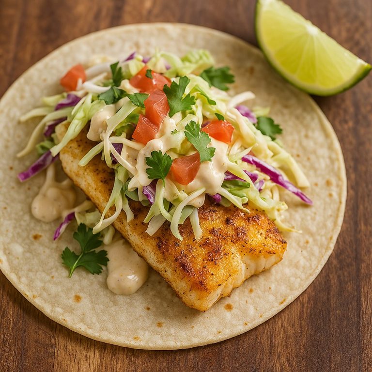 "Taco de pescado servido sobre tortilla de maíz con col rallada, tomate, cilantro y aderezo cremoso, acompañado de una rodaja de lima."