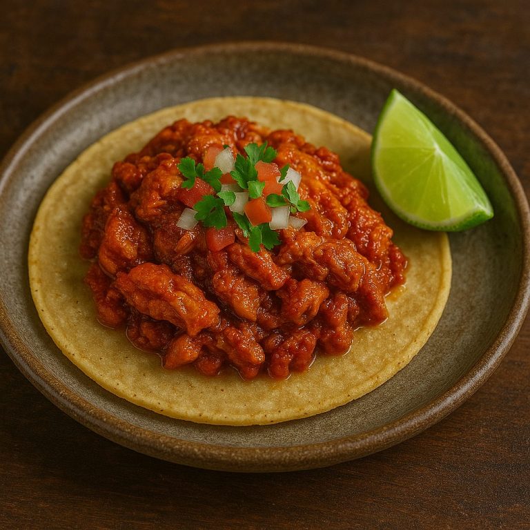 "Taco de pollo enchipotlado en tortilla de maíz, con pollo en salsa de chipotle, jitomate, cebolla y cilantro fresco, acompañado de una rodaja de limón sobre plato rústico"