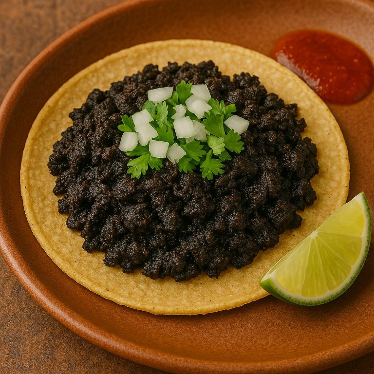 "Taco de relleno negro servido en tortilla de maíz, con carne guisada en recado negro a base de chiles secos y especias, acompañado de cebolla morada y una rodaja de limón."
