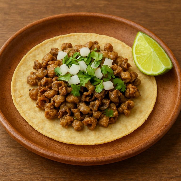 "Taco de tripa servido en tortilla de maíz, con tripas doradas y crujientes, acompañado de cebolla picada, cilantro fresco y una rodaja de limón sobre un plato rústico."