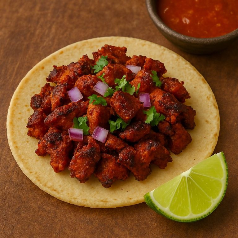 "Taco de trompo al carbón servido en tortilla de maíz, con carne de cerdo marinada en achiote y especias, asada al carbón, acompañado de piña, cebolla, cilantro y una rodaja de limón."