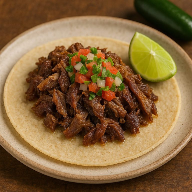 "Taco de borrego al horno en tortilla de maíz, con carne jugosa y deshebrada, acompañado de cebolla, cilantro y salsa verde, sobre fondo rústico"