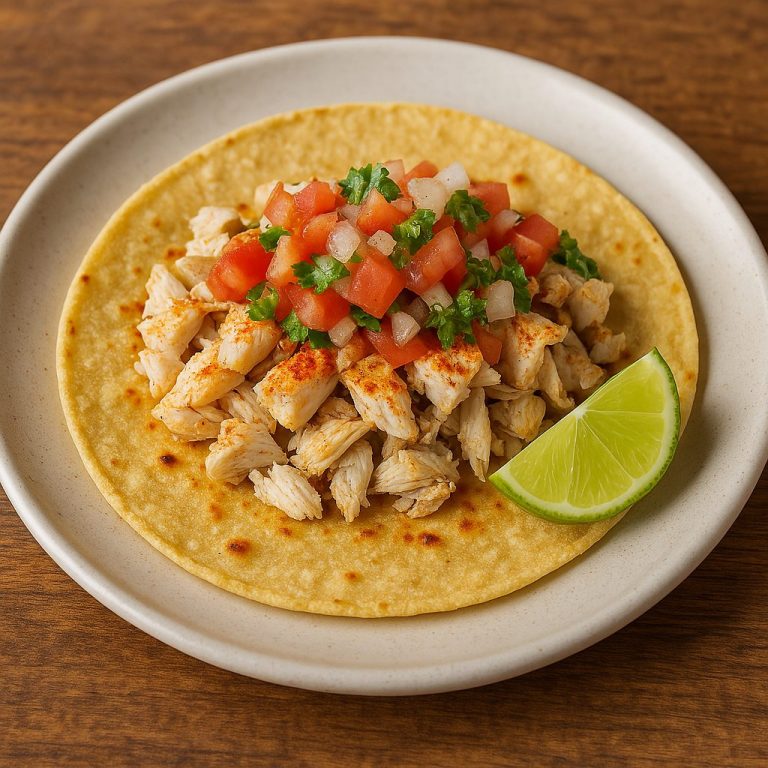 "Taco de cazón servido en tortilla de maíz, con carne de tiburón desmenuzada, salsa roja, cebolla picada y cilantro fresco, acompañado de una rodaja de limón sobre un plato de cerámica."