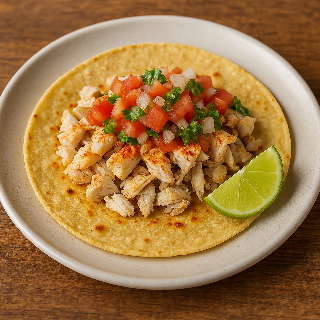 Taco de cazón con rodaja de limón sobre plato blanco
