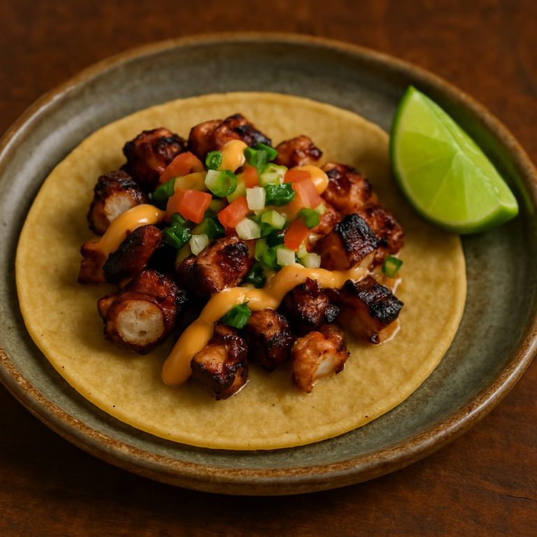 "Taco de pulpo a la parrilla en tortilla de maíz, con trozos de pulpo dorado, jitomate, cebolla, cilantro y salsa cremosa, acompañado de limón sobre plato rústico"
