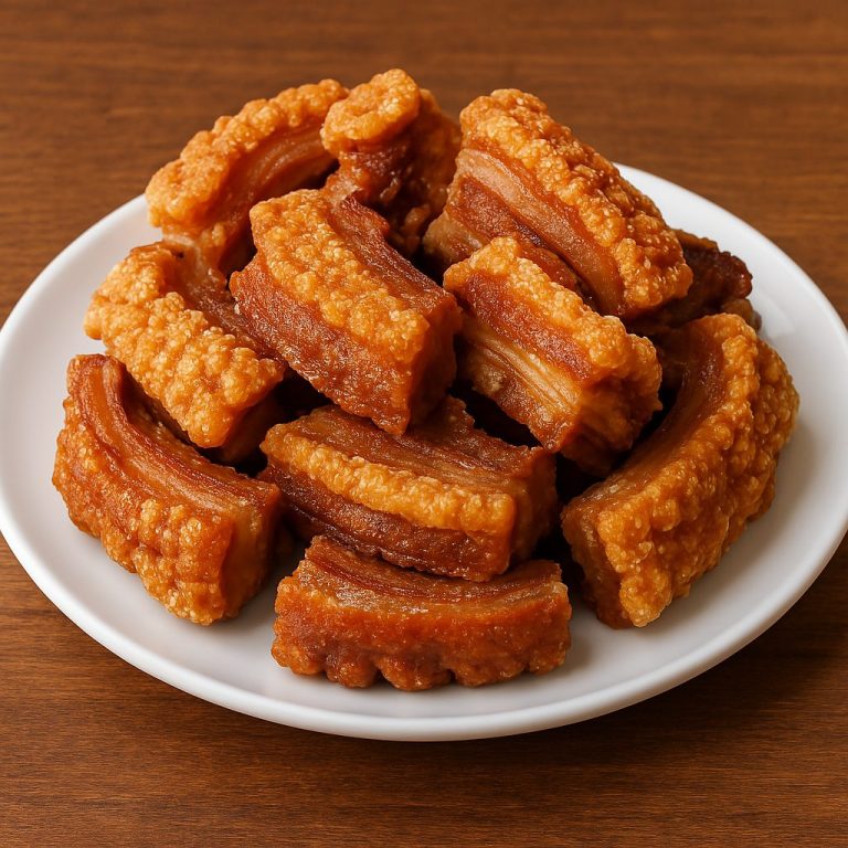 Imagen de varios torreznos de Soria crujientes, con la piel dorada y burbujeante, servidos sobre una tabla de madera. Se aprecia el contraste entre la corteza crujiente y la carne jugosa del interior.