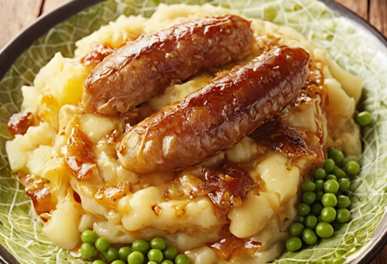 Banger and Mash tradicional, con salchichas doradas servidas sobre un cremoso puré de papas, acompañadas de salsa gravy oscura y guisantes verdes al costado.