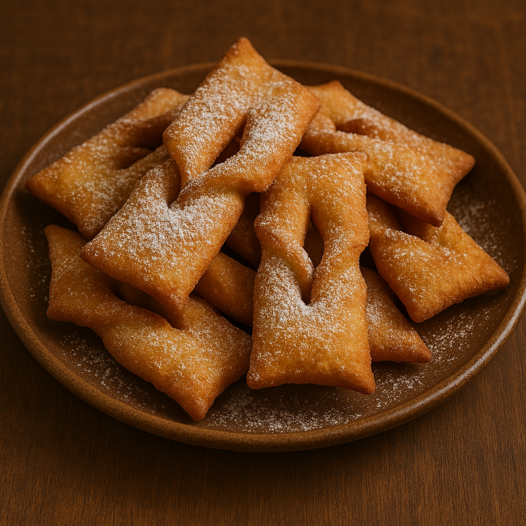 "Calzones rotos chilenos caseros, dulces fritos tradicionales espolvoreados con azúcar impalpable"