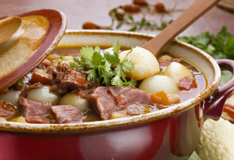 Carne a la olla argentina cocinada lentamente, servida con papas, zanahorias y cebolla en un caldo espeso y aromático.