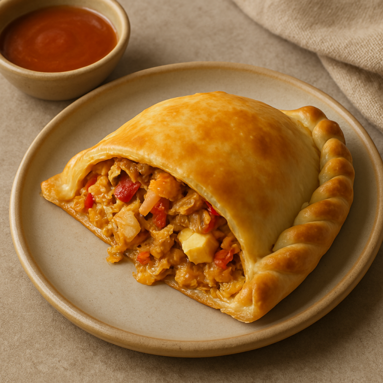 Empanada de pollo argentina con masa dorada y relleno jugoso, servida en un plato tradicional.