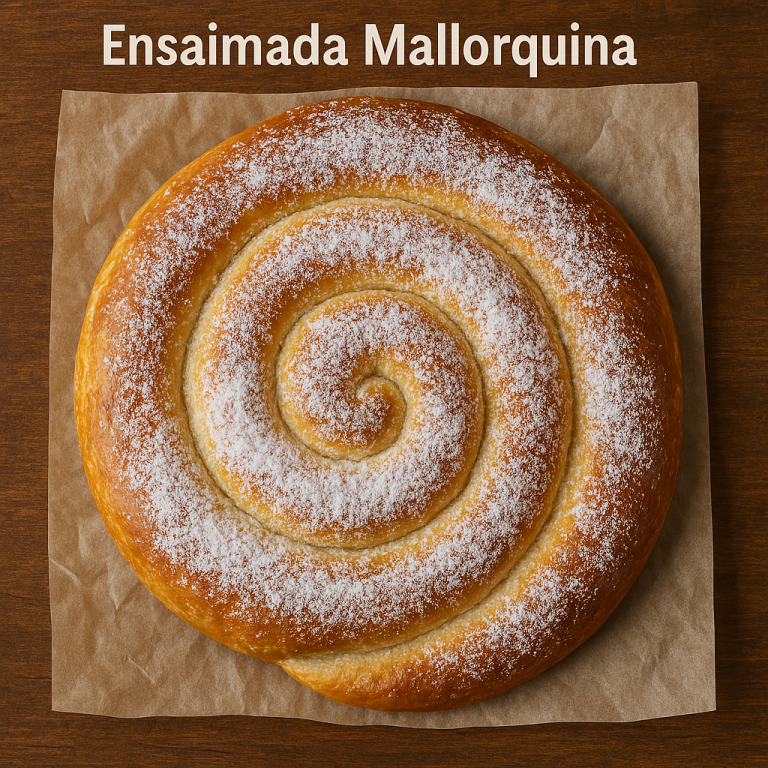 "Ensaimada mallorquina tradicional, espolvoreada con azúcar glas sobre fondo de madera."