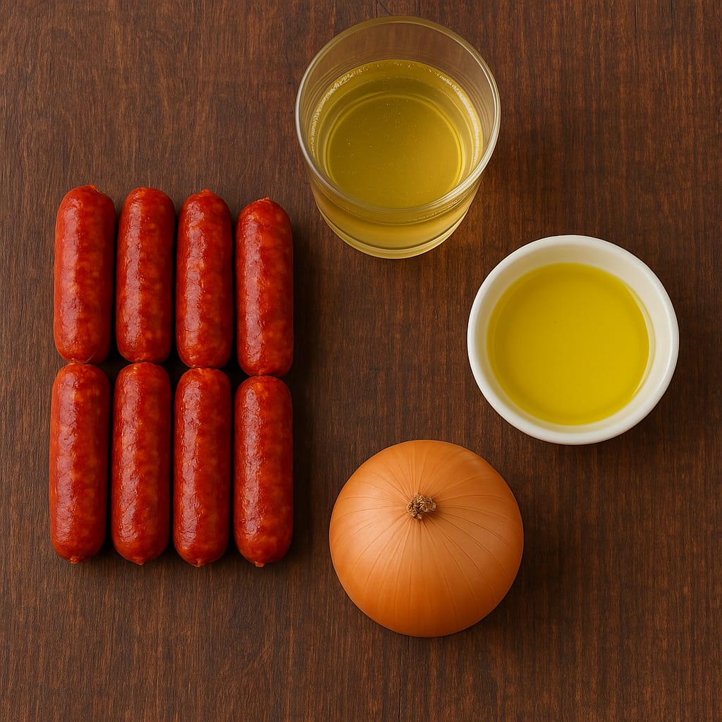  Ingredientes para preparar Chistorra a la Sidra: chistorra fresca, sidra natural, dientes de ajo, hojas de laurel y pan rústico, colocados sobre una mesa de madera.