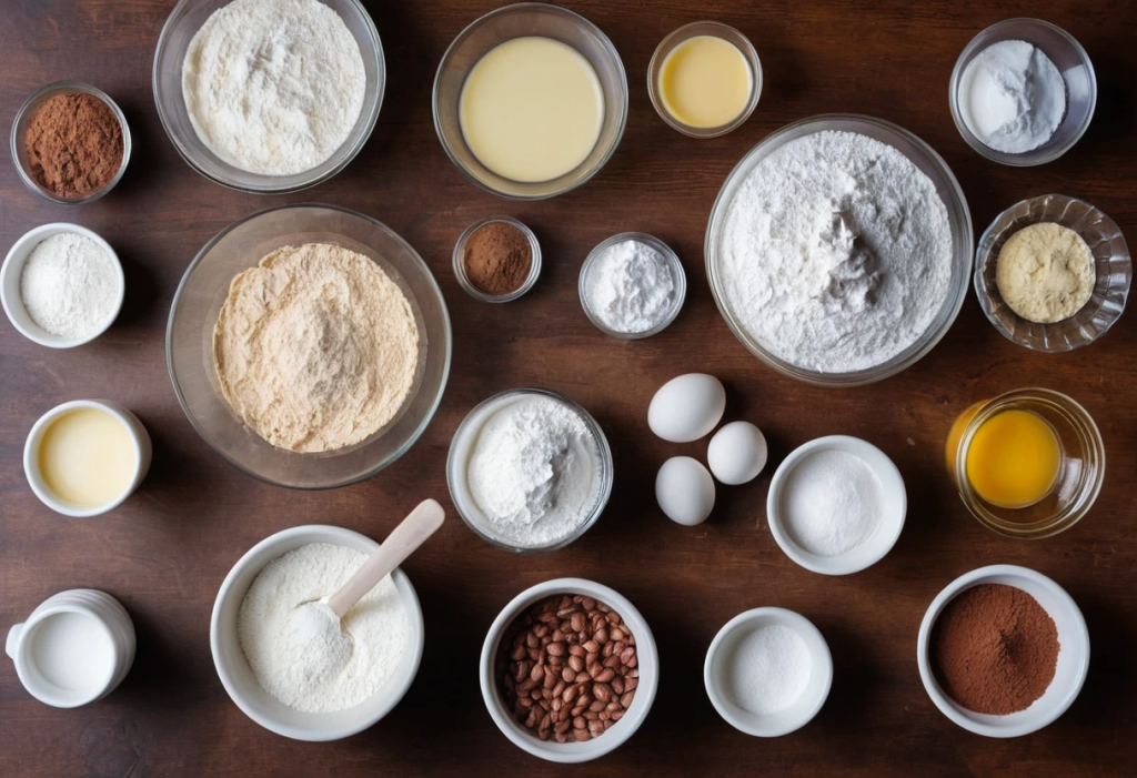 Ingredientes para preparar cookies americanas, incluyendo harina, azúcar, manteca, huevos, chispas de chocolate y esencia de vainilla, dispuestos sobre una superficie de cocina.