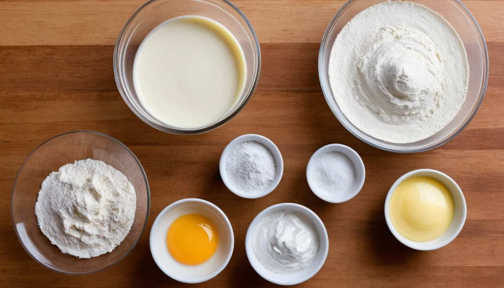 Ingredientes para panqueques americanos dispuestos sobre una superficie: harina, huevos, leche, mantequilla, azúcar, polvo de hornear y una pizca de sal.