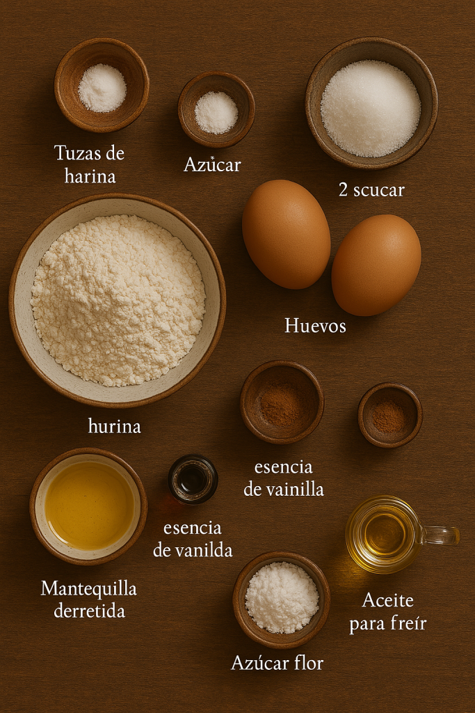 2 tazas de harina

2 cucharadas de azúcar

1 cucharadita de polvos de hornear

1 pizca de sal

2 huevos

2 cucharadas de mantequilla derretida

1 cucharadita de esencia de vainilla

1/2 cucharadita de canela en polvo (opcional)

1/4 taza de leche o agua

Aceite para freír

Azúcar flor para espolvorear