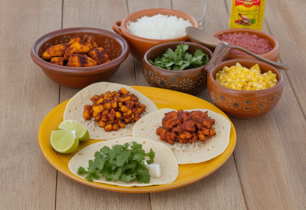 Ingredientes frescos para preparar tacos al pastor: carne de cerdo marinada, piña, chiles secos, ajo, cebolla, especias y tortillas de maíz.