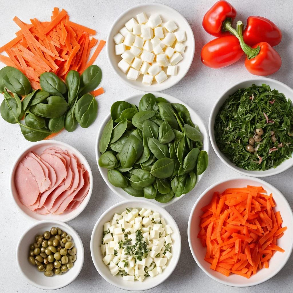 Ingredientes frescos para el relleno del matambre arrollado, incluyendo zanahoria, huevo duro, pimientos y espinaca, dispuestos sobre una superficie de cocina.